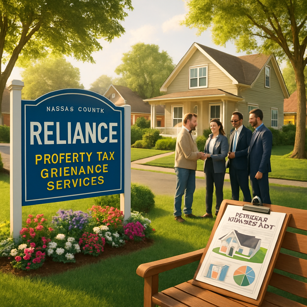 The image depicts a serene suburban neighborhood in Nassau County Long Island Lush green lawns surround wellmaintained singlefamily homes each showcasing unique architectural styles In the foreground a welcoming entrance sign reads Reliance Property